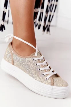 Brokatowe Tenisówki Na Platformie Złote Luna