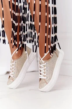 Brokatowe Tenisówki Na Platformie Złote Luna