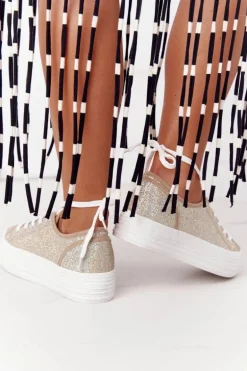 Brokatowe Tenisówki Na Platformie Złote Luna