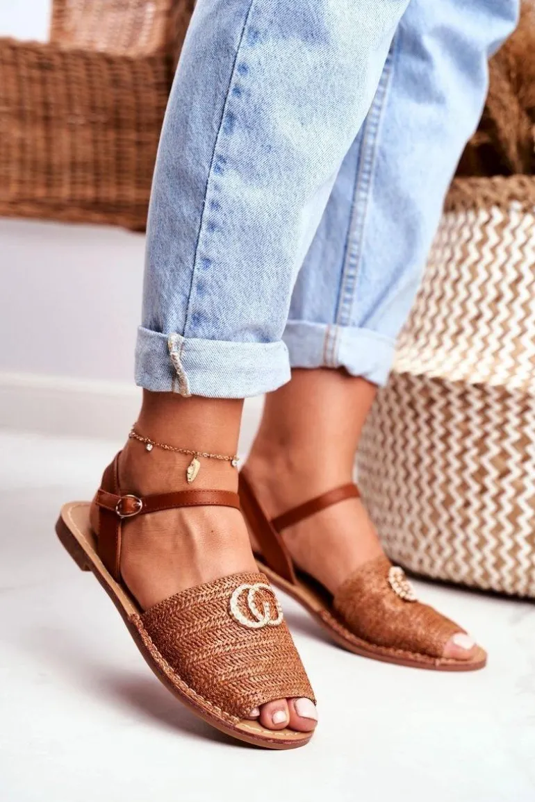 Brązowe Damskie Płaskie Sandałki Lu Boo Plecione Felicia