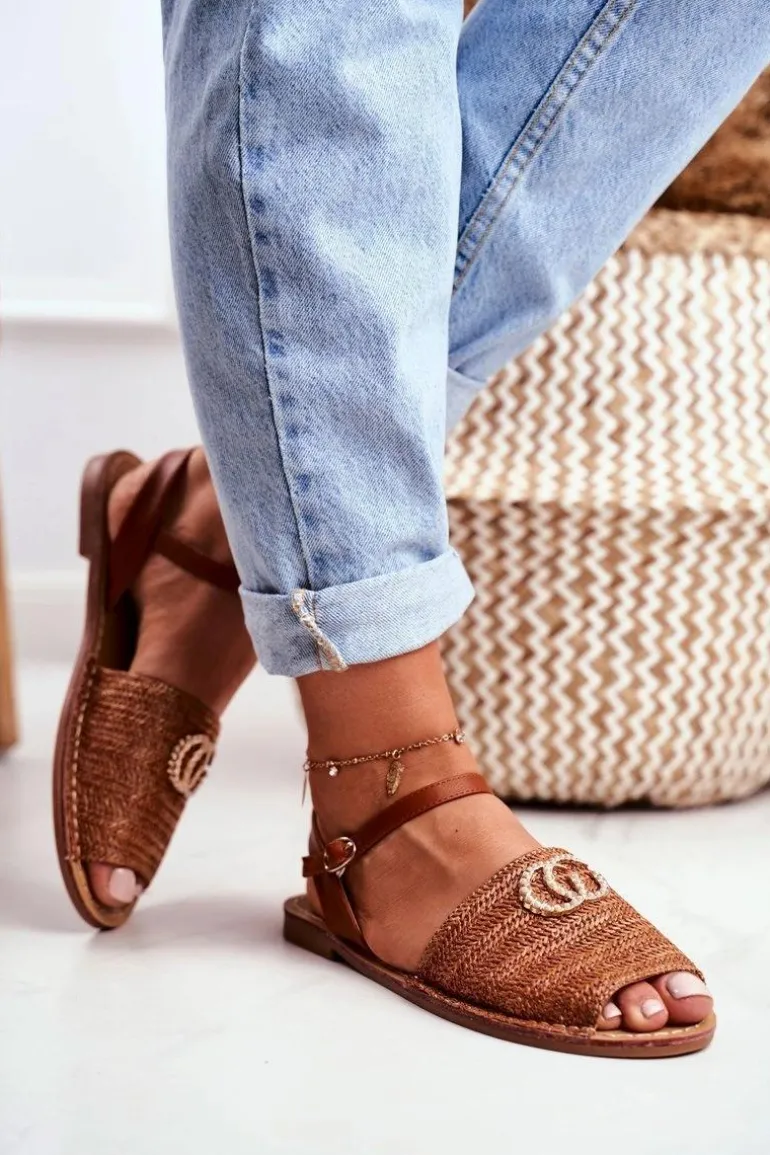 Brązowe Damskie Płaskie Sandałki Lu Boo Plecione Felicia