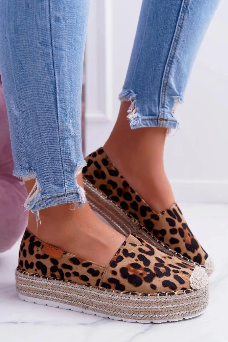 Brązowe Wsuwane Zamszowe Espadryle Leopard Mariako