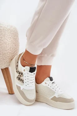 Buty Sportowe Damskie Na Platformie Panterka Beżowe Lorori