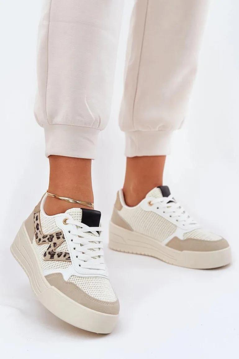 Buty Sportowe Damskie Na Platformie Panterka Beżowe Lorori