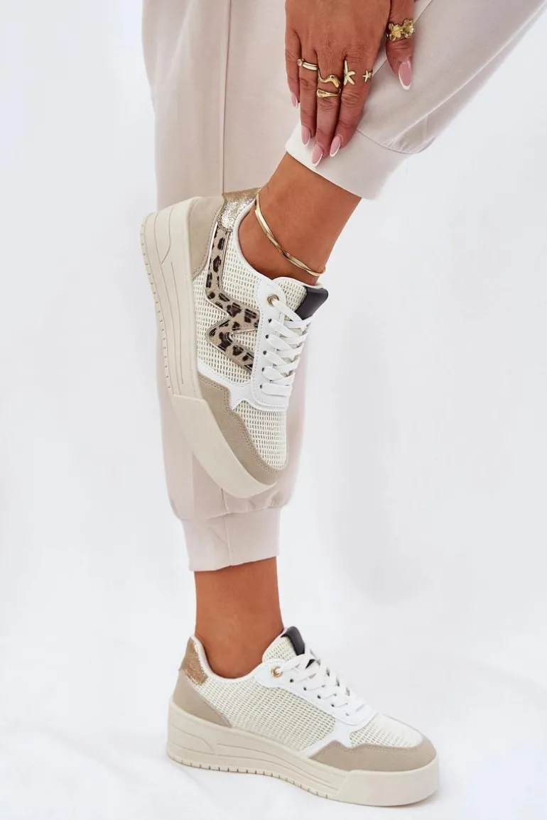 Buty Sportowe Damskie Na Platformie Panterka Beżowe Lorori