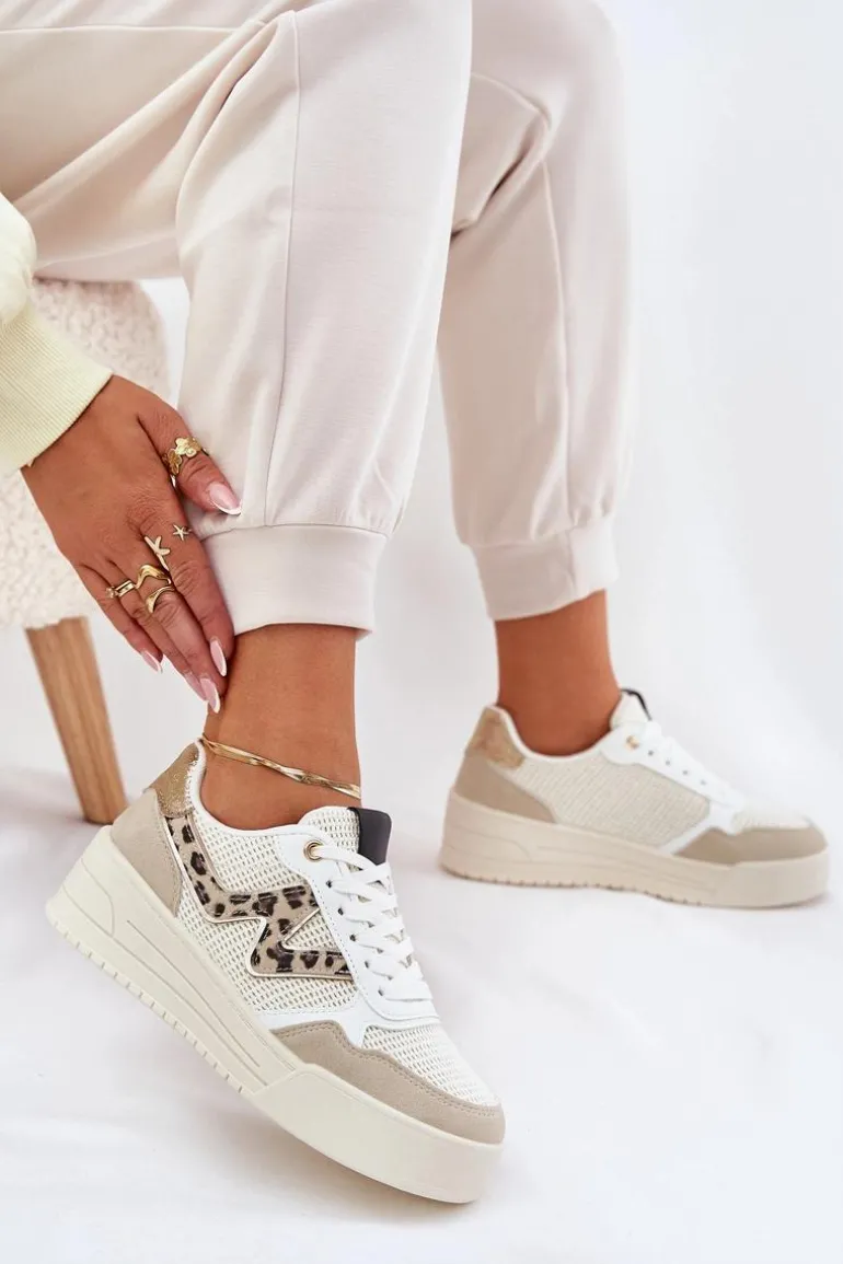 Buty Sportowe Damskie Na Platformie Panterka Beżowe Lorori