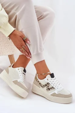 Buty Sportowe Damskie Na Platformie Panterka Beżowe Lorori