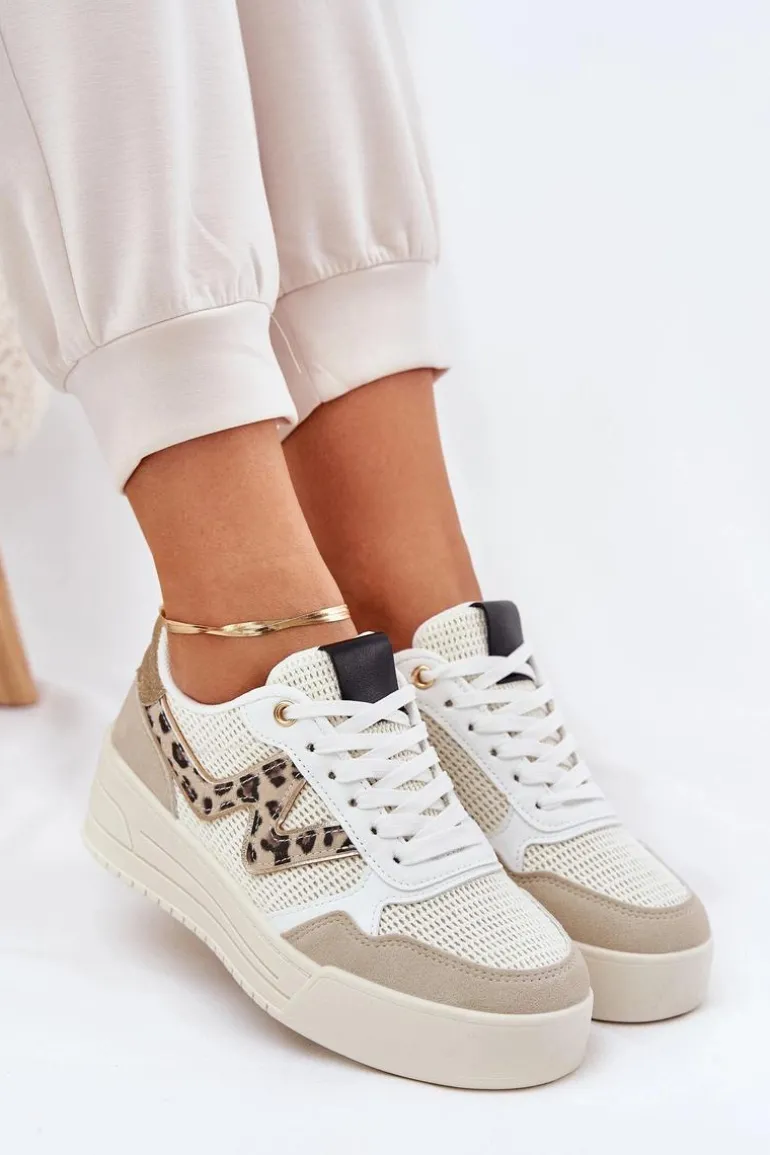 Buty Sportowe Damskie Na Platformie Panterka Beżowe Lorori