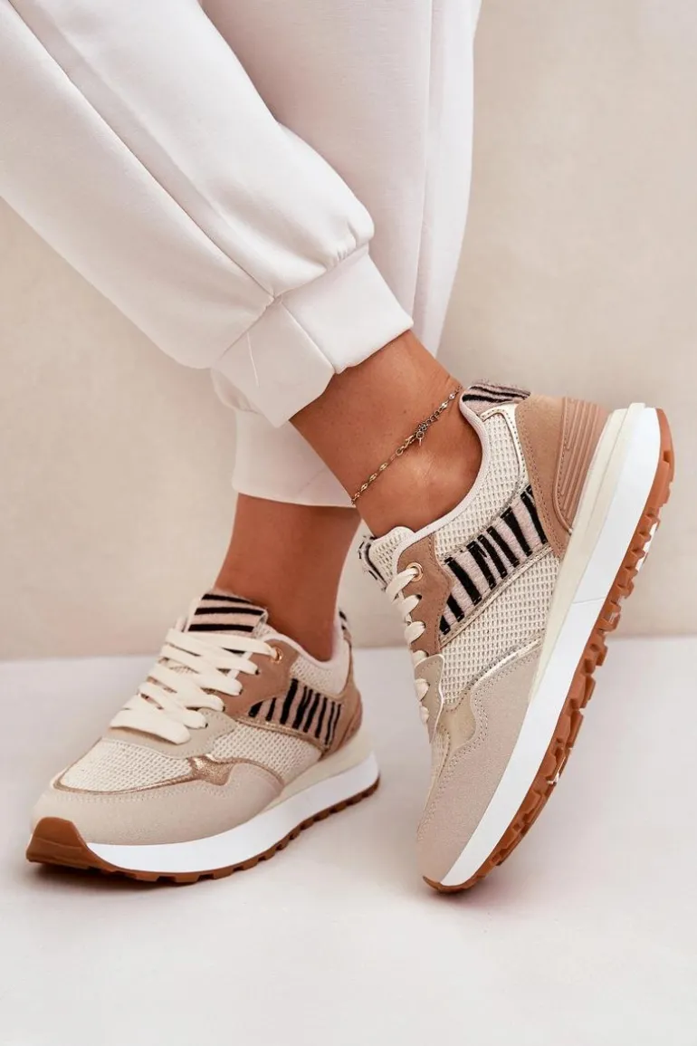 Buty Sportowe Damskie Na Platformie Zebra Beżowe Davinara
