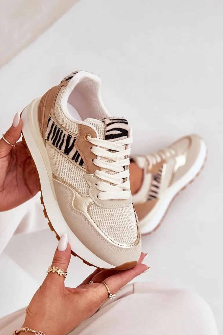 Buty Sportowe Damskie Na Platformie Zebra Beżowe Davinara