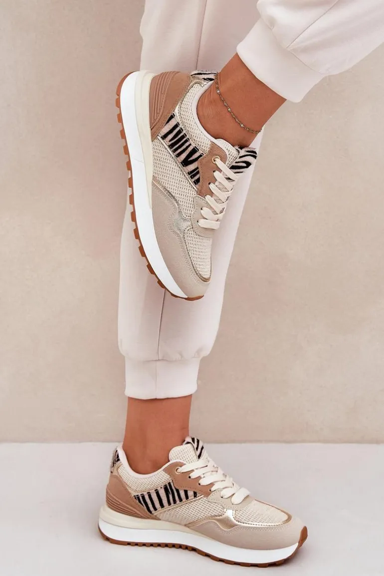 Buty Sportowe Damskie Na Platformie Zebra Beżowe Davinara