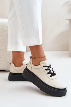 Buty Sportowe Damskie Na Platformie Skóra Naturalna Beżowe 41470 Vinceza