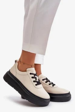 Buty Sportowe Damskie Na Platformie Skóra Naturalna Beżowe 41470 Vinceza