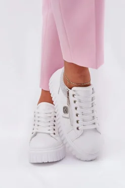 Buty Sportowe Damskie Na Platformie Z Eko Skóry Białe Velionna