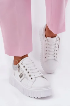 Buty Sportowe Damskie Na Platformie Z Eko Skóry Białe Velionna