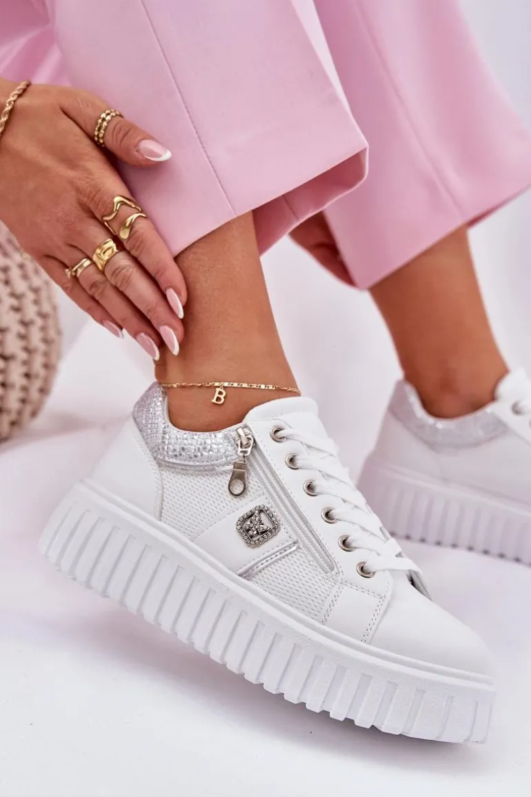 Buty Sportowe Damskie Na Platformie Z Eko Skóry Białe Velionna