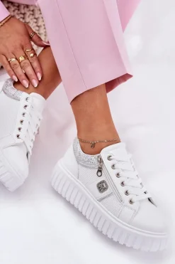 Buty Sportowe Damskie Na Platformie Z Eko Skóry Białe Velionna