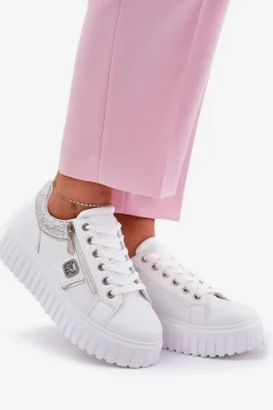 Buty Sportowe Damskie Na Platformie Z Eko Skóry Białe Velionna