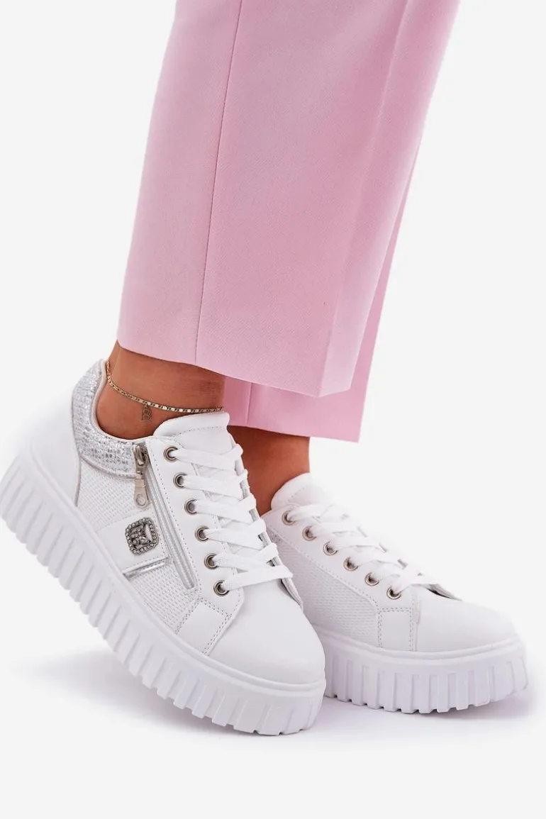 Buty Sportowe Damskie Na Platformie Z Eko Skóry Białe Velionna