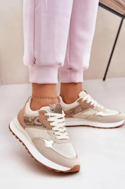 Buty Sportowe Damskie Na Platformie Zwierzęcy Wzór Beżowe Davinara