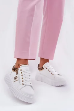 Buty Sportowe Damskie Na Platformie Z Eko Skóry Panterka Białe Velionna