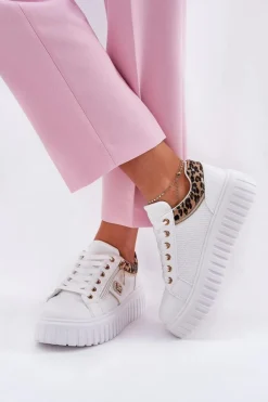 Buty Sportowe Damskie Na Platformie Z Eko Skóry Panterka Białe Velionna