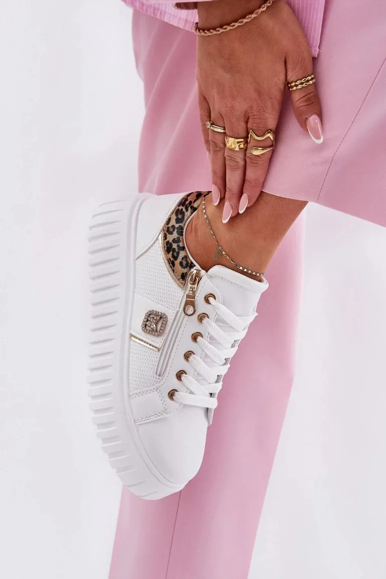 Buty Sportowe Damskie Na Platformie Z Eko Skóry Panterka Białe Velionna