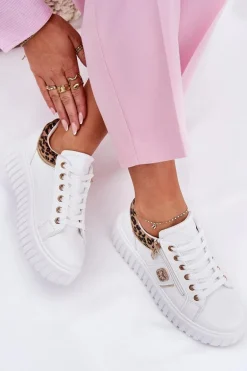 Buty Sportowe Damskie Na Platformie Z Eko Skóry Panterka Białe Velionna