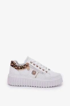 Buty Sportowe Damskie Na Platformie Z Eko Skóry Panterka Białe Velionna