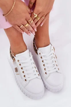 Buty Sportowe Damskie Na Platformie Z Eko Skóry Panterka Białe Velionna