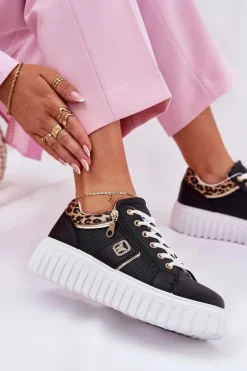 Buty Sportowe Damskie Na Platformie Z Eko Skóry Panterka Czarne Velionna