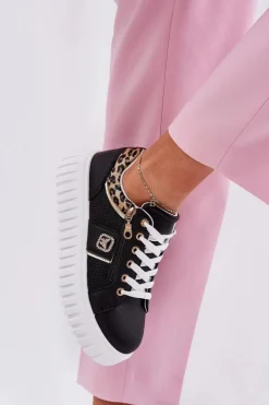 Buty Sportowe Damskie Na Platformie Z Eko Skóry Panterka Czarne Velionna
