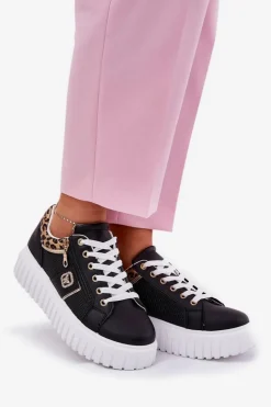 Buty Sportowe Damskie Na Platformie Z Eko Skóry Panterka Czarne Velionna