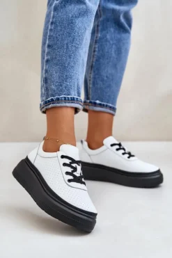 Buty Sportowe Damskie Na Platformie Skóra Naturalna Białe 41470 Vinceza