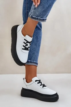 Buty Sportowe Damskie Na Platformie Skóra Naturalna Białe 41470 Vinceza