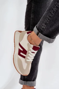 Buty Sportowe Damskie Na Platformie Beżowo-Bordowe Emidi