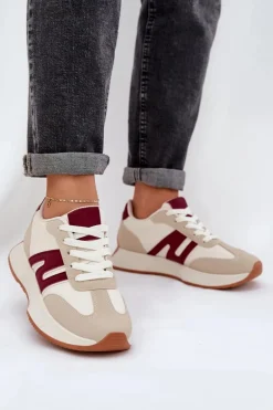 Buty Sportowe Damskie Na Platformie Beżowo-Bordowe Emidi