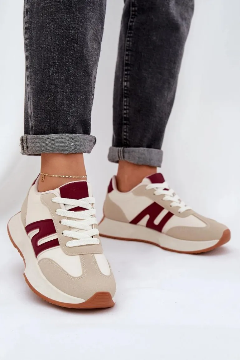 Buty Sportowe Damskie Na Platformie Beżowo-Bordowe Emidi