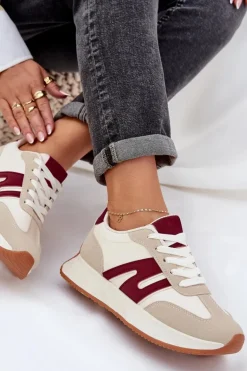 Buty Sportowe Damskie Na Platformie Beżowo-Bordowe Emidi
