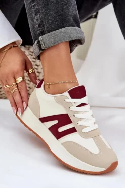 Buty Sportowe Damskie Na Platformie Beżowo-Bordowe Emidi