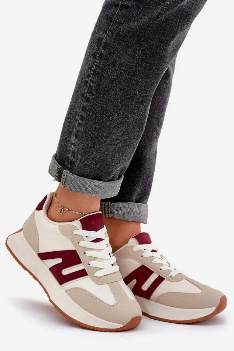 Buty Sportowe Damskie Na Platformie Beżowo-Bordowe Emidi