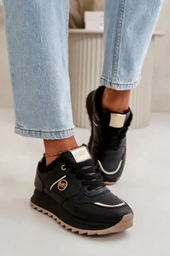 Buty Sportowe Damskie Ocieplane Futerkiem Na Platformie Czarne Lerisas