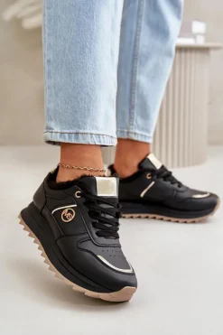 Buty Sportowe Damskie Ocieplane Futerkiem Na Platformie Czarne Lerisas