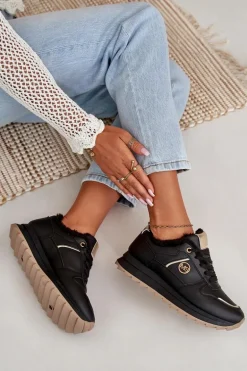Buty Sportowe Damskie Ocieplane Futerkiem Na Platformie Czarne Lerisas