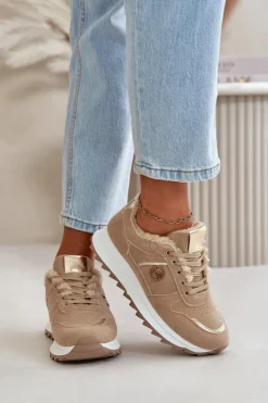 Buty Sportowe Damskie Ocieplane Futerkiem Na Platformie Khaki Lerisas