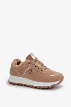 Buty Sportowe Damskie Ocieplane Futerkiem Na Platformie Khaki Lerisas