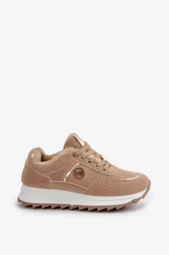 Buty Sportowe Damskie Ocieplane Futerkiem Na Platformie Khaki Lerisas