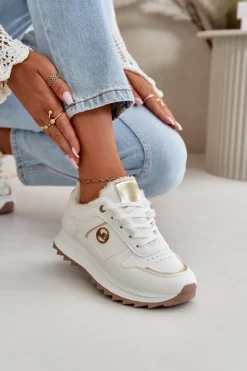 Buty Sportowe Damskie Ocieplane Futerkiem Na Platformie Białe Lerisas