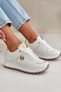 Buty Sportowe Damskie Ocieplane Futerkiem Na Platformie Białe Lerisas