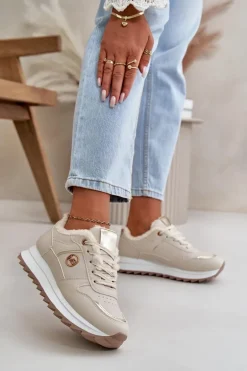 Buty Sportowe Damskie Ocieplane Futerkiem Na Platformie Jasnobeżowe Lerisas